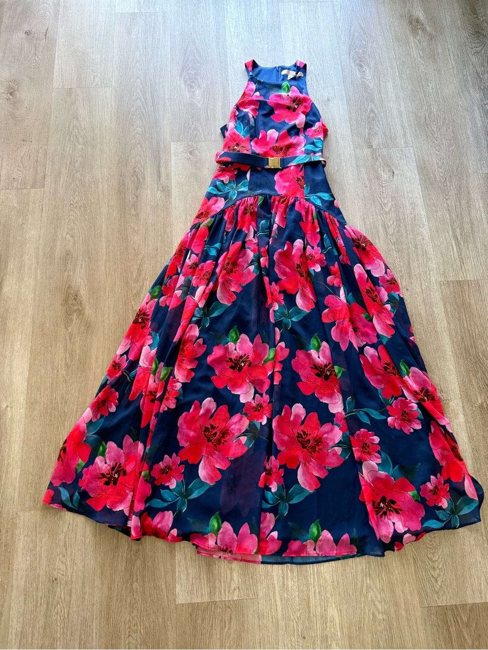 hutch abbey navy blue & pink floral print sleevless belted maxi sun dress small